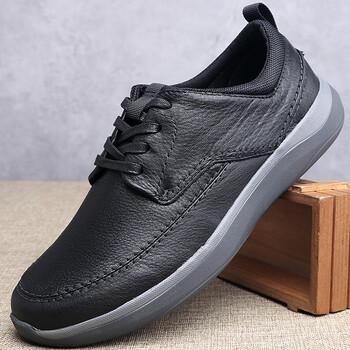 奥康男鞋头层牛皮运动鞋透气男士休闲皮鞋男厚底软底英伦百搭黑色44