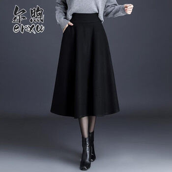 尔煦大版女装胖肥mm黑色毛呢半身裙春秋中长款高腰长裙垂感a字大摆裙