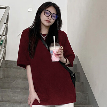 恒愎国潮牌短袖t恤女设计感小众夏季美式复古酒红色显白上衣酒红色高
