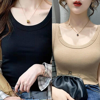 大美兔 螺纹吊带背心女修身内搭 u领遮副乳防走光外穿打底大码无袖上衣 （黑色+卡其色) 大码XL建议110-140斤