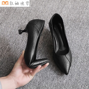 女鞋春秋高跟鞋女细跟单鞋女黑色皮鞋女职业工作鞋黑色孔雀纹5公分35