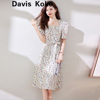 davis koko高端品牌 印花短袖连衣裙女装新款夏季收腰显瘦茶歇法式方领A字裙 图片色 S