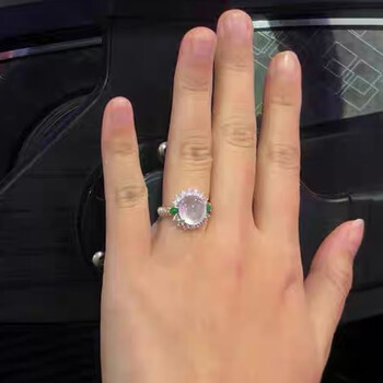 冰种翡翠戒指女款 18镶嵌蛋面白冰戒指 结婚礼物送老婆自带带证书 8号