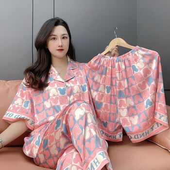 汀梵娜大码睡衣女200斤夏季冰丝大码三件套装胖mm睡衣女夏季冰丝女士