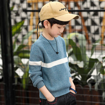儿童秋冬加绒加厚高领毛衣套头岁中大童针织衫男童装圆领毛衫横条米