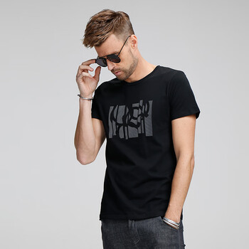 蒂淑兰爽滑莫代尔棉夏季男士短袖t恤潮牌印花欧美男装修身体恤活性黑