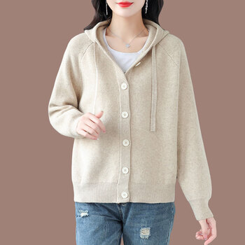 奕唱连帽针织外套女秋装新款宽松羊绒羊毛衫上衣春秋百搭毛衣开衫米色