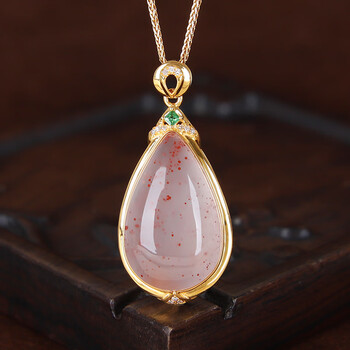 柒畔18k金镶冰飘南红荔枝冻吊坠女时尚精美水滴项链冰润细腻18k金南红