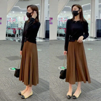 秋冬新品针织衫毛衣上衣 中长款百褶裙半身裙两女 黑色上衣 咖啡色裙