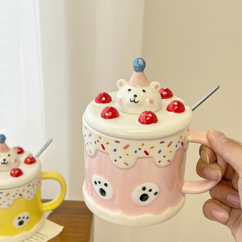 多川早餐杯带盖带勺可爱陶瓷杯高颜值ins风马克杯女生勺杯子小众水杯