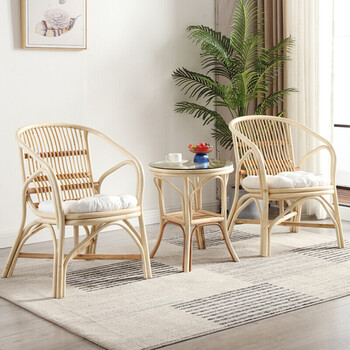 阳台桌椅组合三件套北欧现代简约休闲老人真藤条椅子藤椅子靠原色阳光
