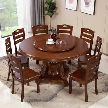 实木餐桌家用小户型吃饭圆桌现代简约客厅饭桌圆形餐桌椅组合中式胡桃