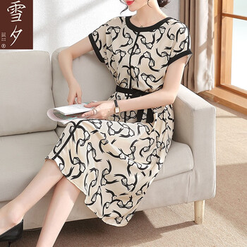 雪夕(xuexi)妈妈装夏装时尚收腰连衣裙雪纺高贵裙子中老年女装气质