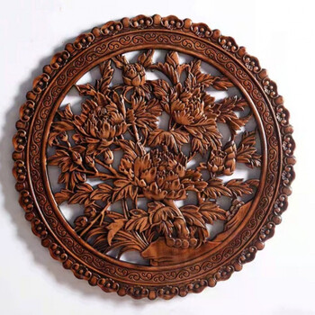 6015尊泉 木雕香樟木挂件圆中式客厅装饰画背景墙实木镂空壁挂家