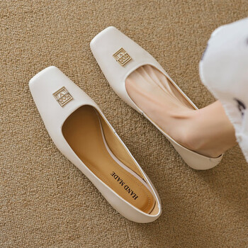 她她贝磨砂羊皮黑色平底单鞋女低跟2024款春夏方头小皮鞋一脚蹬浅口