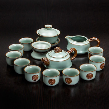 祥业 汝窑茶具整套功夫茶具家用手绘浮雕套装开片茶壶茶杯茶海茶道开片汝瓷仿宋可养金丝蝉翼 款式一浮雕龙15头汝窑茶具套装 不含礼盒【图片 价格 ...