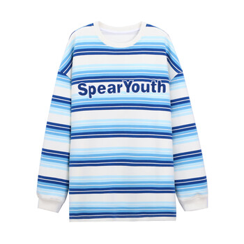 小二潮社spear youth绣花条纹长袖男宽松情侣ins套头圆领卫衣 天蓝色