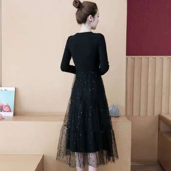 【女装新款】女装秋冬季简约针织裙子松紧腰打底拼接网纱连衣裙V领T恤 黑色【S1】 L 【95-110斤】