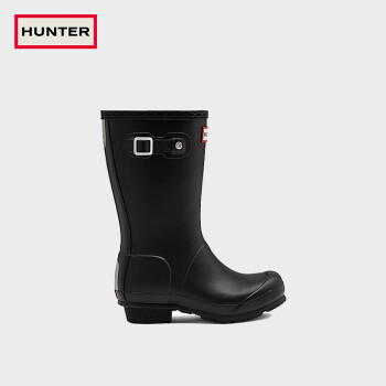 HUNTER女童雨鞋外穿防水防滑中跟厚底亮面惠灵顿雨靴中筒短靴中国红同款 黑色(哑光)/BLK 34