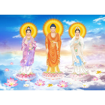 西方三圣佛像画像阿弥陀佛观音菩萨大势至菩萨佛教挂墙卷轴装饰画 深