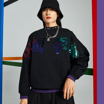 中国李宁卫衣2020秋冬款巴黎时装周套头衫圆领宽松卫衣 新标准黑awdq5