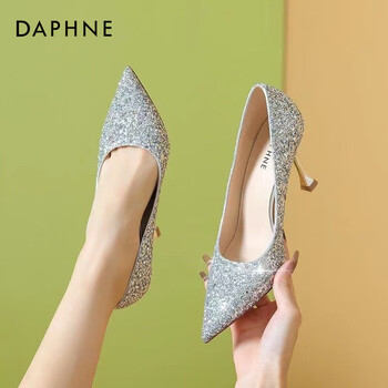 达芙妮daphne高跟鞋女秀禾婚纱两穿水晶鞋2023春季新款银色网红百搭