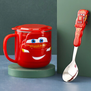 迪士尼（DISNEY）儿童水杯带刻度不锈钢宝宝牛奶杯家用带手柄冲泡奶粉喝水学饮杯 汽车红3D杯+不锈钢勺子