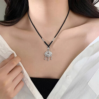 锁s999足银长命锁银编绳项链女吊坠520情人节礼物吊坠黑绳银锁约9克