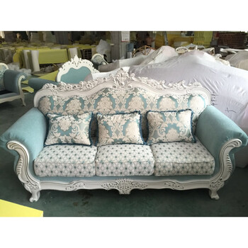 欧式布艺沙发客厅组合实木雕花三人小户型古典田园蓝色别墅 浅青色