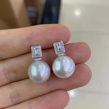 小米星澳白珍珠耳钉淡水大珍珠耳钉女澳白耳饰镶钻耳扣澳白冷光方糖款