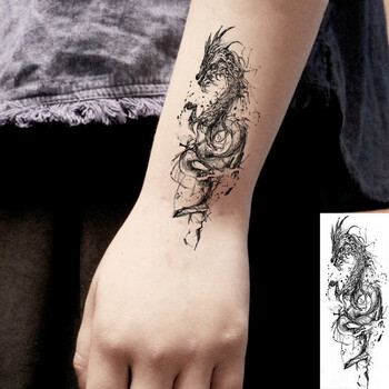 秋江月暗黑色线条青龙苍龙纹身贴纸防水男女款胸背龙图腾花臂刺青贴一