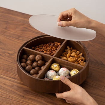 梵瀚黑胡桃木干果盒子家用客厅带盖多层零食盒过年糖果盒单层款可旋转