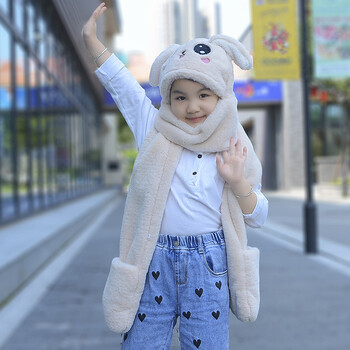 抖音网红冬季儿童兔子耳朵会动的帽子围巾手套一体男女宝宝围脖婴儿