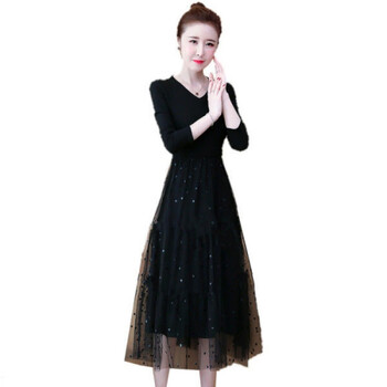 【女装新款】女装秋冬季简约针织裙子松紧腰打底拼接网纱连衣裙V领T恤 黑色【S1】 L 【95-110斤】