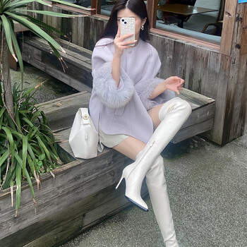 蓝马公主显瘦气质长筒靴牛皮拼接弹力皮靴子女靴2021新款秋冬季加绒棉