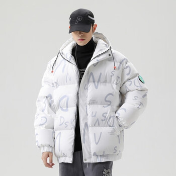 短款连帽外套休闲防风白鸭绒加厚保暖羽绒服男士宽松潮流面包服白色l