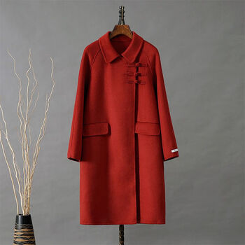 斌伦新中式国风盘扣大衣中国风毛呢秋冬结婚敬酒服红色外套红色s90120