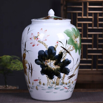 雅言陶瓷景德镇陶瓷器米缸手绘秋韵荷花储物罐家用50斤装水量带盖油缸