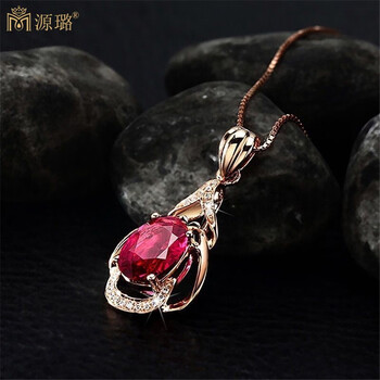 源璐s925鸽血红碧玺吊坠彩色宝石项链女玫瑰金镶嵌红宝石水滴气质项坠