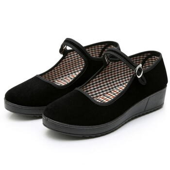 女鞋坡跟单鞋广场舞蹈鞋滑厚底平绒黑布鞋高跟工作鞋定 黑色格格4厘米