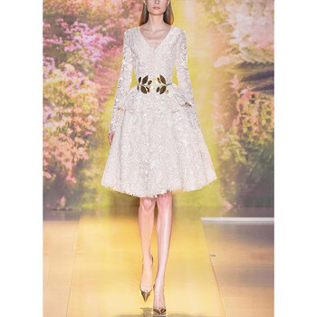 原创设计师女装女巫和骑气质蕾丝显瘦长袖连衣裙2022年春新款裙子 白色 M