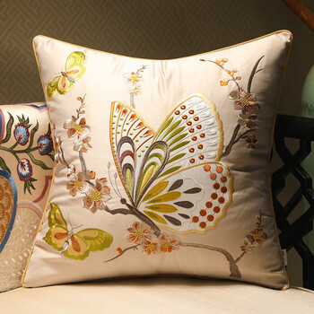 罗曼时光 美式绣花蝴蝶红木沙发抱枕新中式床头靠垫套办公室靠枕靠包