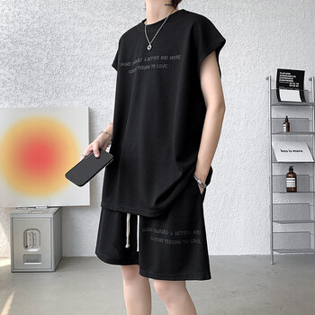 虞笙休闲运动套装男夏季潮无袖t恤背心短裤两件套搭配一套帅气篮球服 黑色 4XL