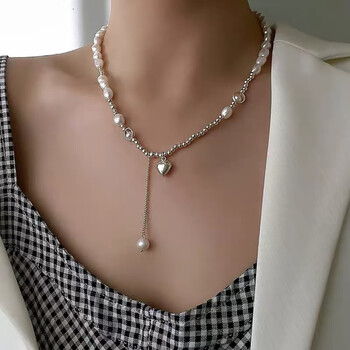 语森恋巴洛克珍珠爱心流苏拼接925不对称项链女2022新款卫衣毛衣链