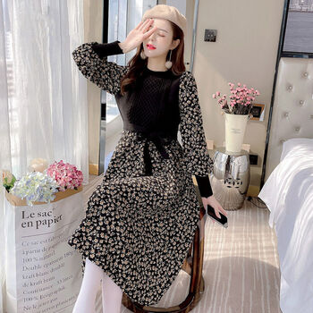 【高品质】【品牌特价】法式碎花灯芯绒针织碎花连衣裙子女装秋冬装年新款打底冬裙女 白色 S