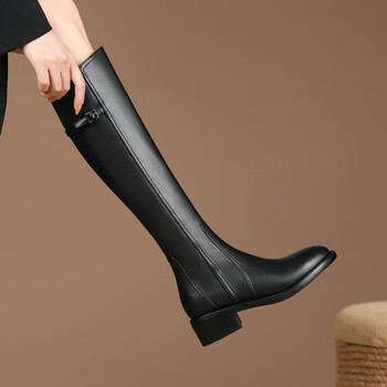 海梵鲸轻奢品牌2022年新款秋冬真皮复古骑士靴女黑色平底高筒靴长筒靴