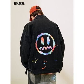 BEASTER小恶魔鬼脸潮流夹克彩色泼墨印花宽松时尚休闲情侣装外套易穿搭 黑牛仔 L