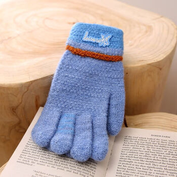 手套秋冬男童可爱五指薄款卡通保暖恐龙小孩写字女孩儿童学生蓝色罗口