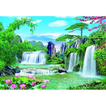 年画纸画山水风景 新中式客厅装饰画山水风景画瀑布墙画纸制画贴画
