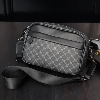 百鸣威潮流潮牌男士休闲格子单肩包韩版皮质斜挎包时尚小方包小背包